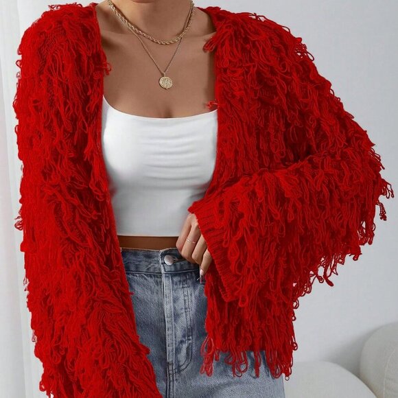 Red Casual Women's Fringe detailed Versatile Long Sleeve knit sweater Cardigan - Picture 6 of 6
